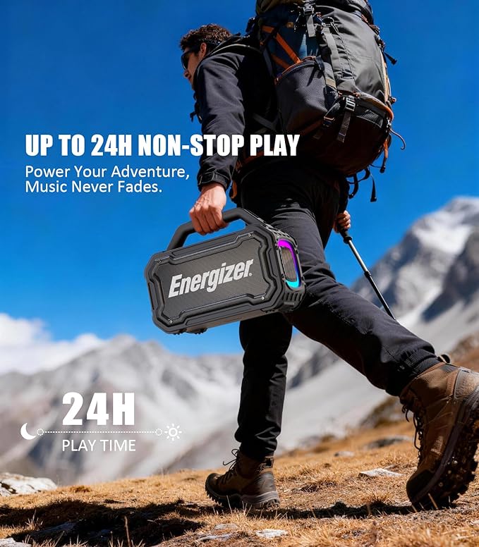 Energizer 100W Portable Wireless Bluetooth Speaker | 24-Hour Playtime | IPX6 Waterproof | Outdoor Ready | LED Light Show | TWS Pairing | Perfect for Outdoor Party Beach Camping Travel Garage