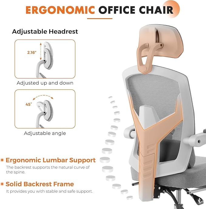 Ergonomic Office Chair with Footrest Comfortable Desk Chair Gaming Chair with Leg Rest Swivel Mesh Desk Chair with Headrest and Lumbar Support for Home Office Work Study Grey
