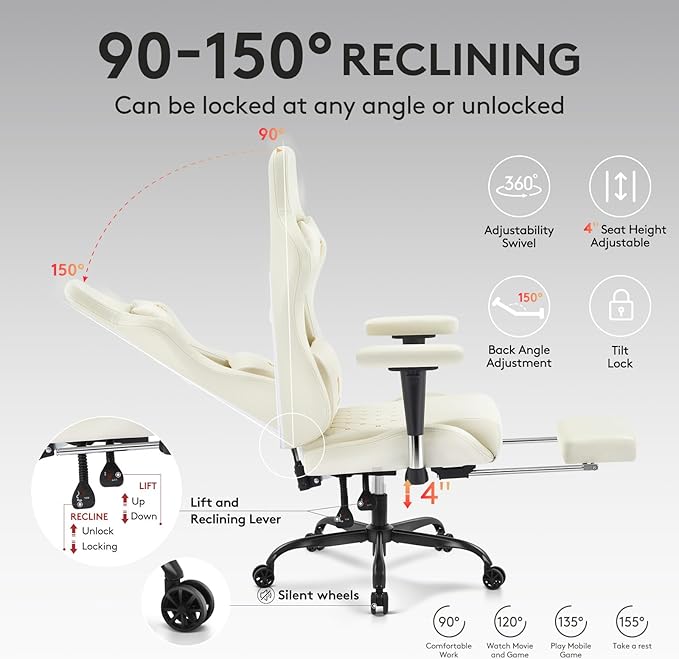 Gaming ChairComputer Office Chair with FootrestMassage Lumbar Support and Gel PadErgonomic Reclining Leather Gamer Chair with HeadrestAdjustable Armrests and Spring Cushion Ivory