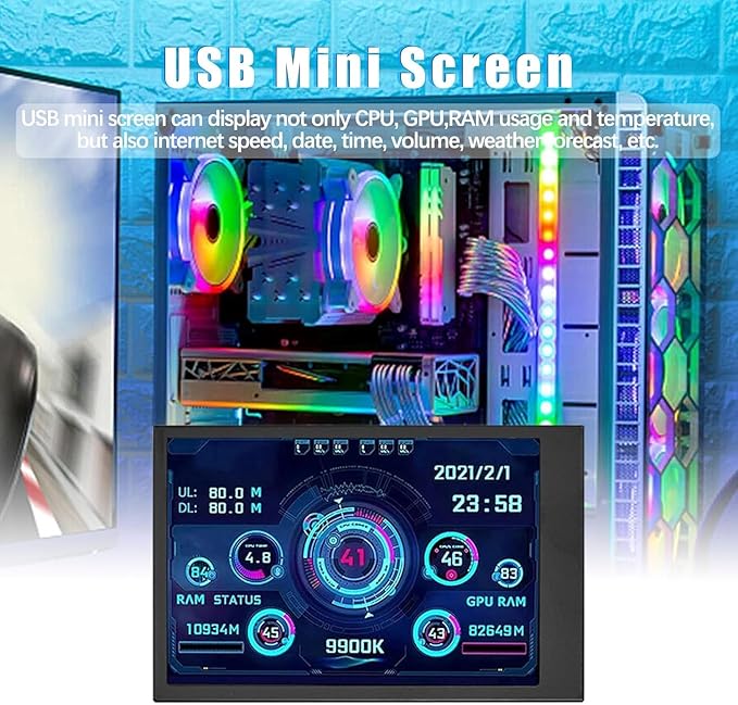 Flylin 3.5in IPS USB Mini Screen CPU Hardware Temperature Monitor Type-C Sub Screen AIDA64 PC Temperature Display Screen for Computer Case