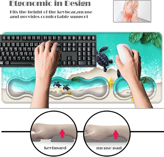 Ergonomic Keyboard Wrist Rest &amp Mouse Pad Wrist Rest SetXL Gaming Desk Mat 31.5x 11.8Non-Slip BaseMemory FoamEasy Typing Pain Relief for Office &amp HomeSea Turtles on Beach