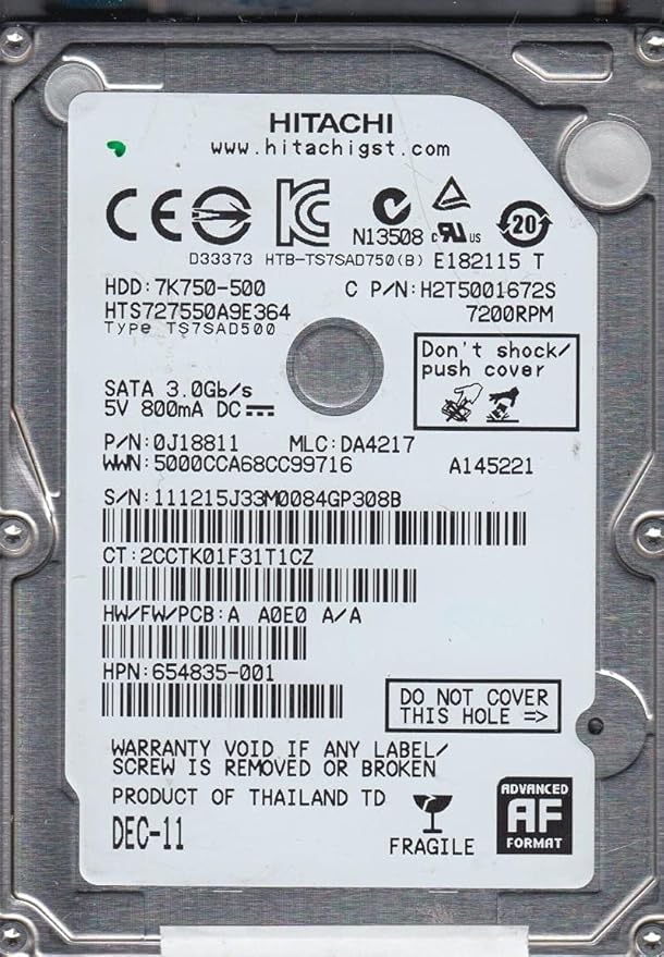 HTS727550A9E364 PN 0J18811 MLC DA4217 Hitachi 500GB SATA 2.5 Hard Drive (Renewed)