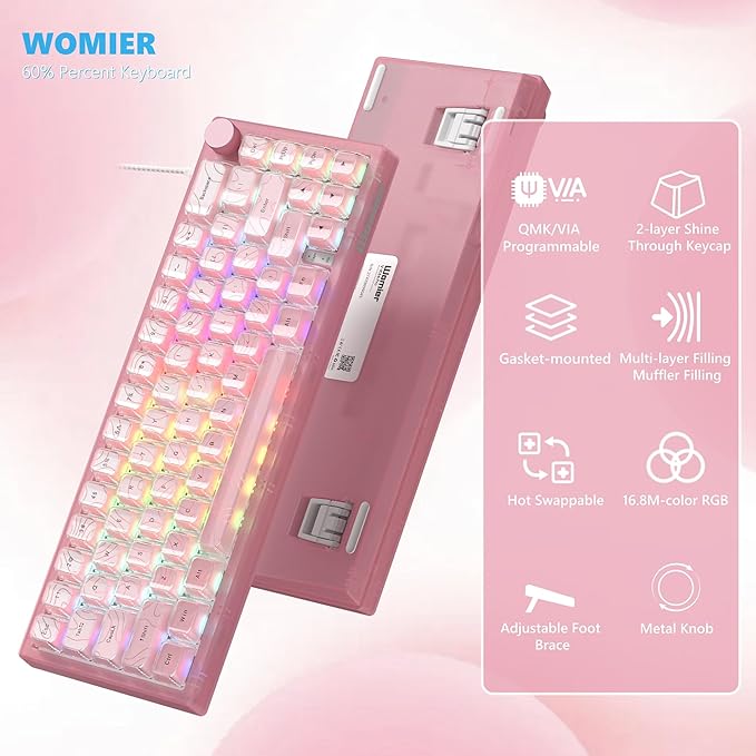 Womier 60% Percent Keyboard Pink Mechanical QMK/VIA Creamy Gaming Keyboard Topographic Hot Swappable Gasket Mount RGB Wired Key Board &amp Translucent Keycaps(VK66 PRO)