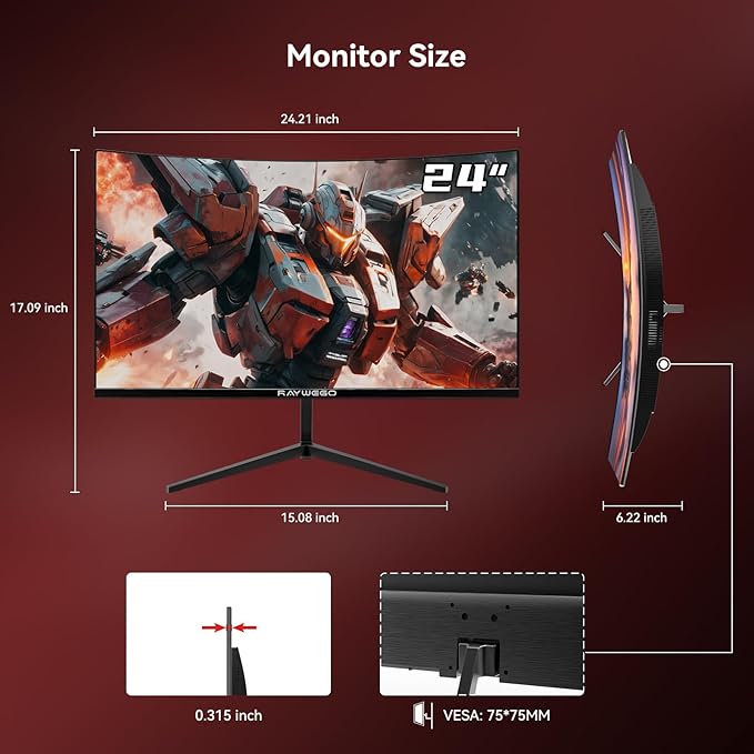 24 inch Curved Monitor 100Hz 1ms Computer Gaming Monitor FHD 1920×1080P3000:1 Contrast Ratio with FreeSync &amp Eye-Care Technology HDMI×1VGA×1 for Gaming Home OfficeWall Mount Install