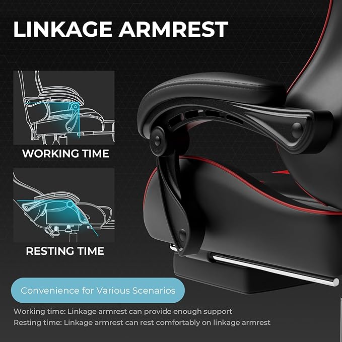 GTPLAYER Gaming Chair Computer Chair with Footrest and Lumbar Support Height Adjustable Game Chair with 360°-Swivel Seat and Headrest and for Office or Gaming (Faux Leather Red)