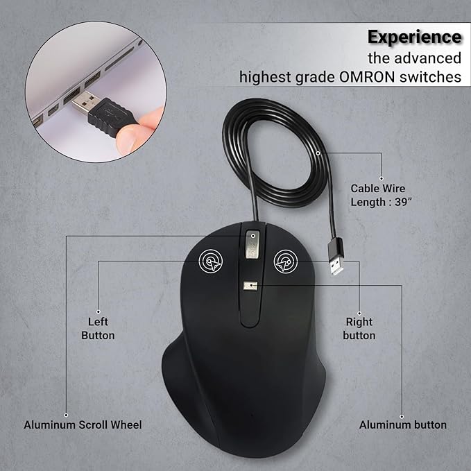 Matias Wired USB-A PBT Premium Computer Mouse Proven Performance Ergonomic Mouse Left Right Hand Use Home and Office Use Compatible for PC MacBook Chromebook Laptop Desktop - (Black)