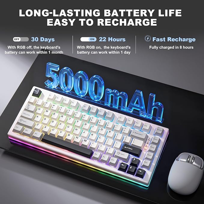 YUNZII YZ75 75% Hot Swappable Wireless Gaming Mechanical Keyboard RGB Backlights BT5.0/2.4G/USB-C Dye Sub PBT Keycaps for Linux/Win/Mac(Gateron G Pro Red White)