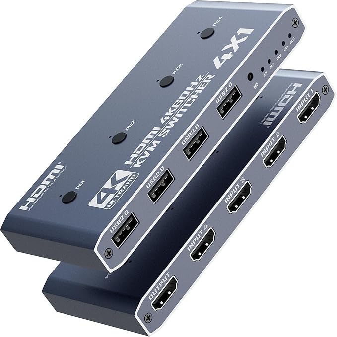 HDMI KVM Switch 4 Computer 4 Port HDMI USB Switch for 4 Computer Share a 4K@60Hz Monitor and 4 USB Devices Keyboard Mouse Printer Includes 4 KVM Cables &amp Remote Controller (no Batteries)