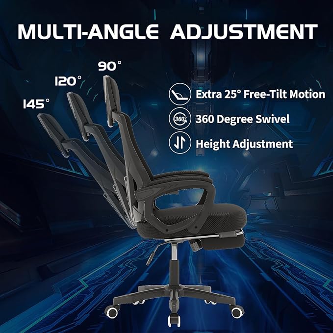 Gaming Chair Ergonomic Office Recliner with Lumbar Support High Back and Height Adjustable Computer Desk Chair with Mesh Back and 360° Swivel for Teens and Adults (Black)