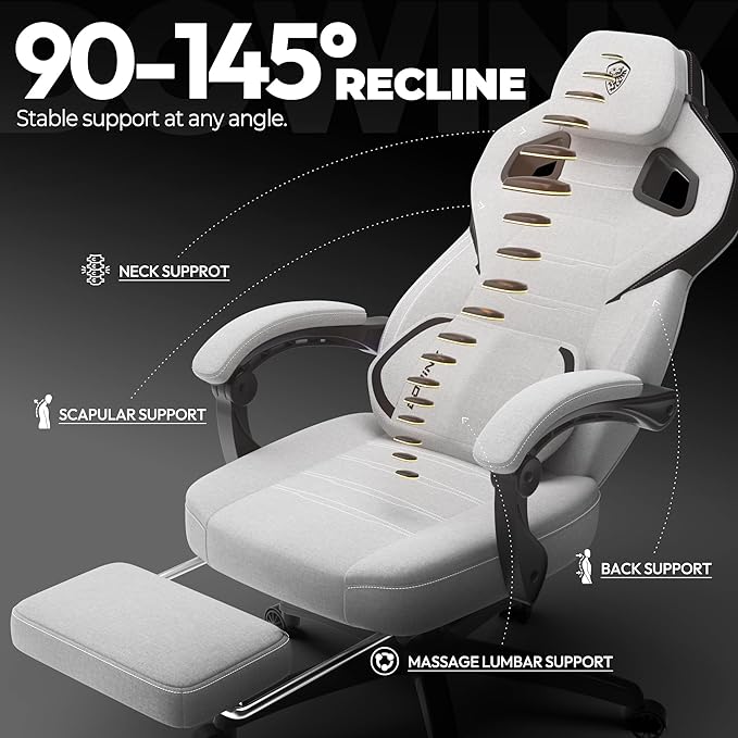 Dowinx Fabric Gaming Chair with Footrest Big and Tall Gamer Chair with Lumbar Support Wide Back Computer Chair for Heavy People Grey