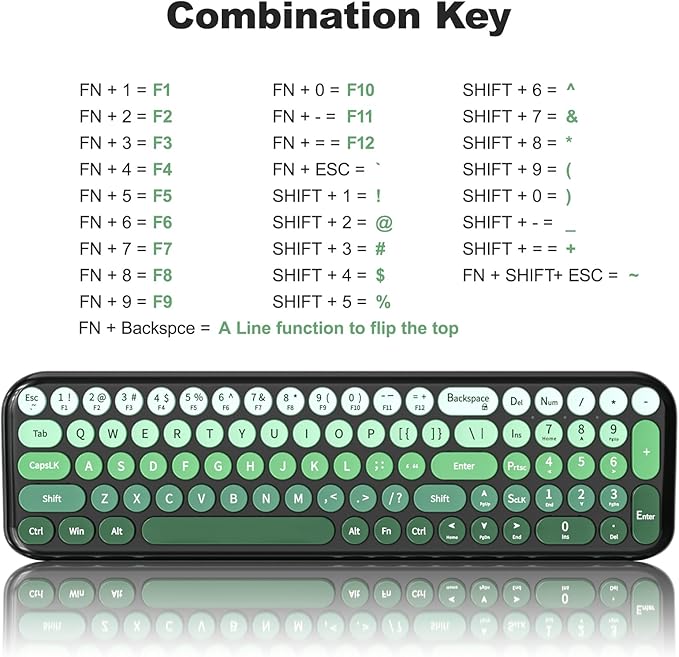 Wireless Keyboard and Mouse Combo MOWUX Compact Typewriter Retro Round Computer Keyboard Cute Optical Mouse Wireless Plug and Play for Laptop PC Computer- Black Green Gradient