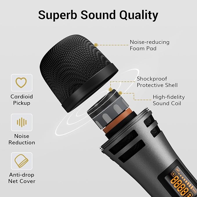 TONOR Wireless Microphone System 4 * 10-Channel UHF Cordless Handheld Mic Set with Headset/Lavalier Lapel Mics Bodypack Transmitter Receiver 60 m/200ft Range for Karaoke Singing Church PA Speaker