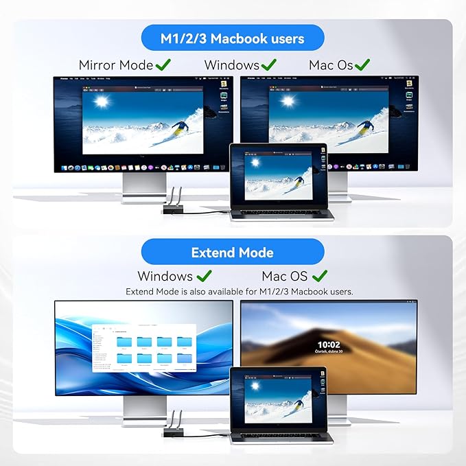 ACASIS USB C to Dual HDMI DisplayLink Adapter 4K@60Hz 2 HDMI &amp 3 USB-A Ports 100W PD Charging USB C DisplayLink Docking Station for Mac M1/M2/M3/WindowsUSB A/C to Dual Monitor Adapter (Black)