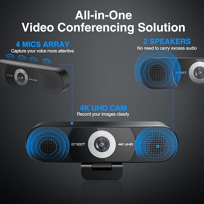 EMEET C980 PRO 3-in-1 4K Webcam with Microphone and Speaker 60°-98° Wide Angle Webcam w/ 4 Noise Cancel Mics 2 Speakers Fixed Focus Magnetic Privacy Cover Great for Group and Personal Video Calls