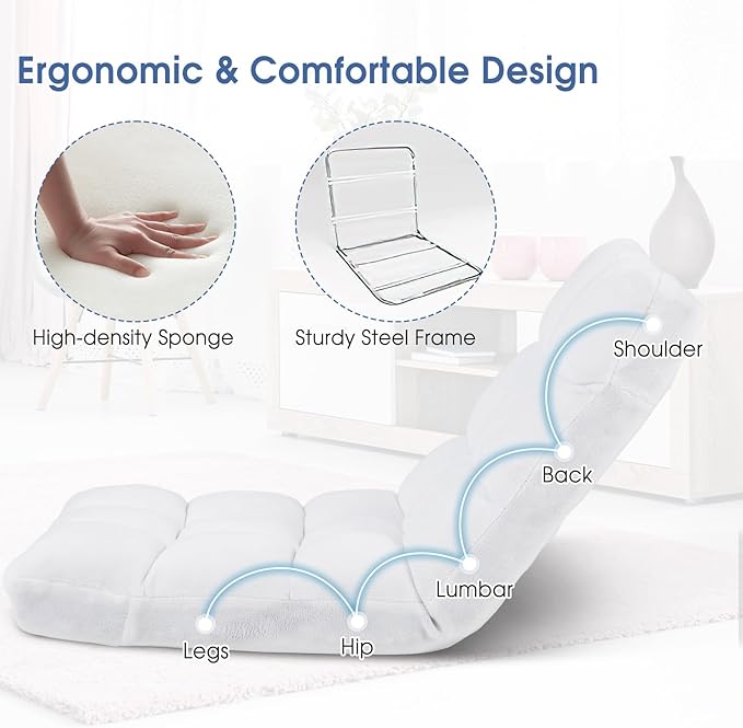 ARLIME Adjustable Floor Chair 14-Position Lazy Sofa Chair with Back Support &amp Thick Padding Portable Foldable Floor Couch for Adults Kids Use in Bedroom Living Room Home Theater (White)