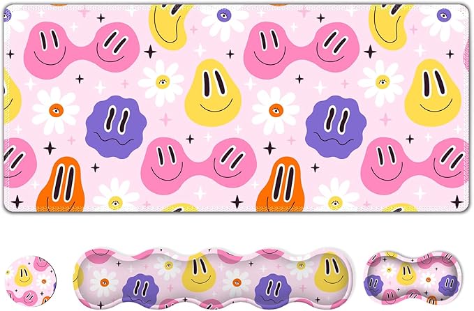 Gaming Mouse Pad Keyboard Wrist Support 4 in1 Mousepad with Wrist Keyboard Rest Computer Desk Mat Non-Slip Desk Pad Protector with Memory Foam Easy Typing Pain Relief I Cute Hippie Smiley