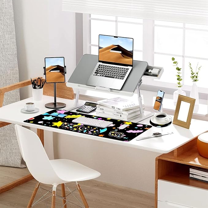 Keyboard Mouse Pad Set Extended Gaming Mouse Pad+Ergonomics Keyboard Wrist Rest Support Memory Foam Easy Typing Pain Relief 4Pcs XL Ultra Thick Desk MatSpace Stars Moons Clouds
