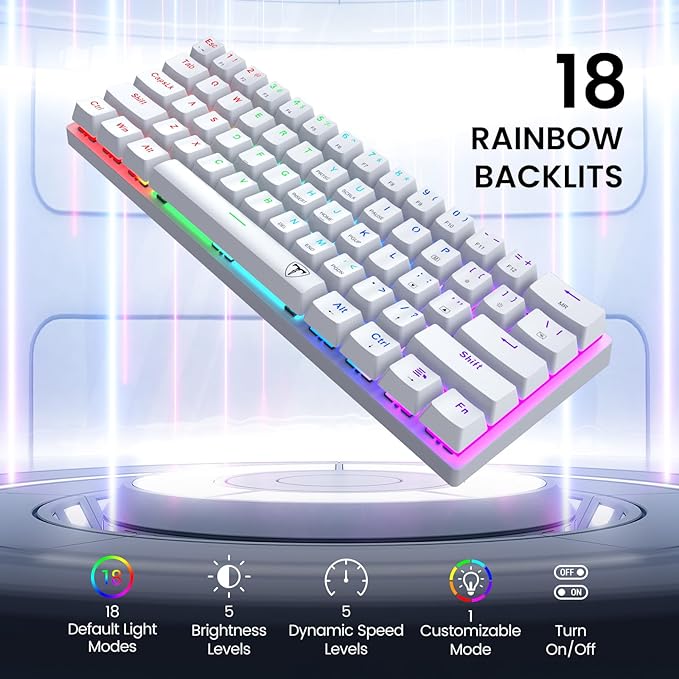 Portable 60% Mechanical Gaming Keyboard Wired Ergonomic Keyboard with Red Switches18 LED BacklitKeyboard61 Keys Ultra-Compact Mini OfficeKeyboard for PC/Mac/XboxEasy to Carry On Trip-White