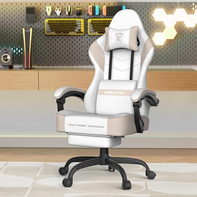 Ferghana Cotton Fabric Gaming Chair with Wider Seat Cushion Shield-Shaped Embroidery Ergonomic High Back Game Chair with Footrest Computer Chair with Massage Lumbar Support for Adult Beige