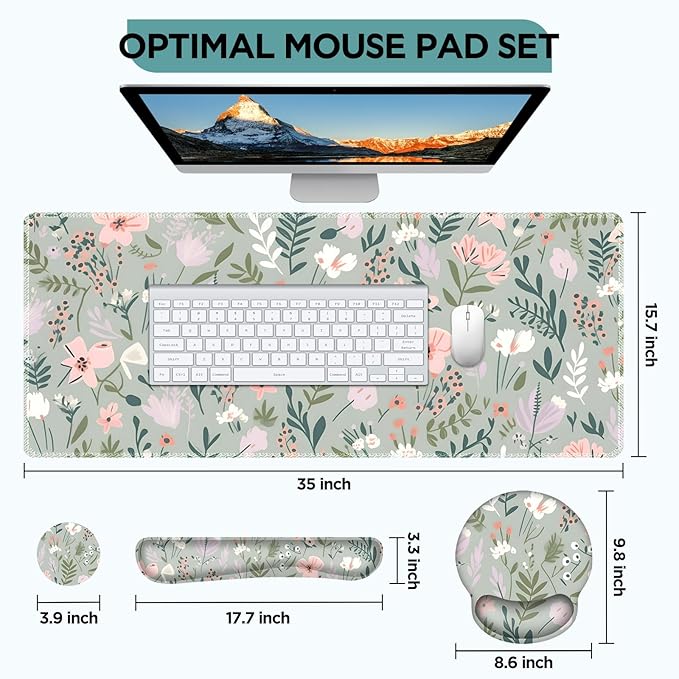 AIMSA Keyboard Mouse Pad Set Extended Mouse Pad Keyboard Wrist Rest Support Memory Foam Ergonomic Desk Pad Set for Home Office Study Game Pink White Flowers Plants