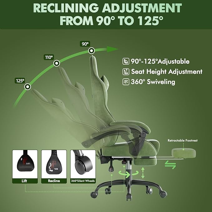 Huracan Velvet Fabric Racing Gaming Chair for Adults - Ergonomic Gamer Chair with Massage Lumbar Footrest &amp Spring Cushion | Home Office/Video Game Chair Green