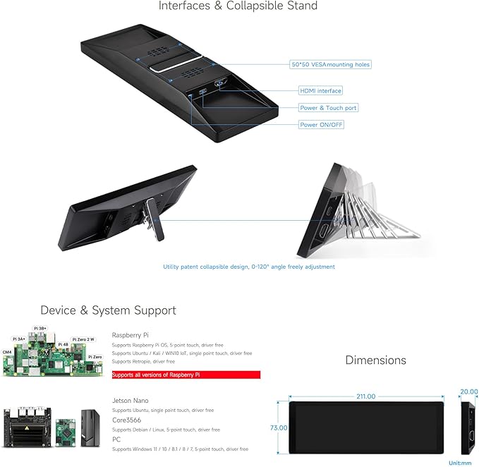 waveshare 7.9inch IPS Display 400×1280 Pixel Compatible with Raspberry Pi 5/4B/3B+/3A+/2B/B+/A+/Zero/Zero W/WH/Zero 2W CM3+/4HDMI Interface Hi-Fi Speaker Metal Case with Touch Function