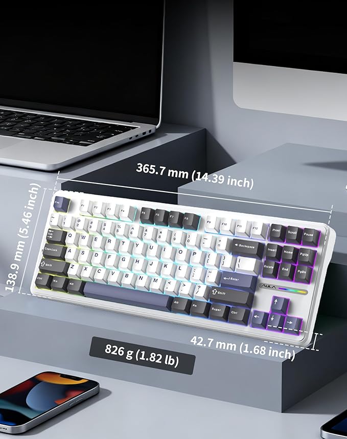Aula F87 Pro Wireless Mechanical Keyboard 87-Key TKL Tri-Mode (BT5.0/2.4G/USB-C) Hot Swappable Gasket Mount Keyboard 4000mAh Battery RGB Backlit PBT Keycaps Custom Gaming Keyboard for PC Mac