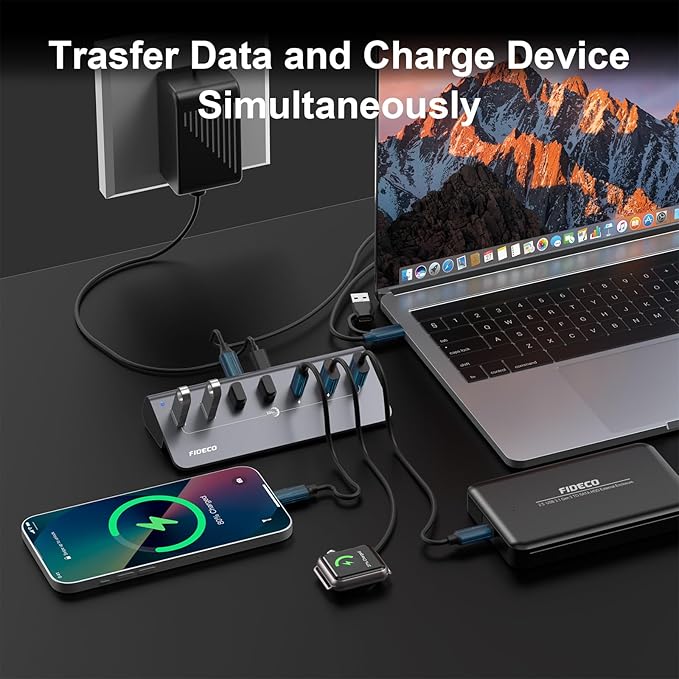 FIDECO Powered USB Hub 7 Port 10Gbps Fast Data Hub for iPhone 16/15 and Laptop Full Aluminum USB Splitter with 5V 3A Power Adapter 4 USB A and 3 USB C Ports Support BC1.2 Charging Grey