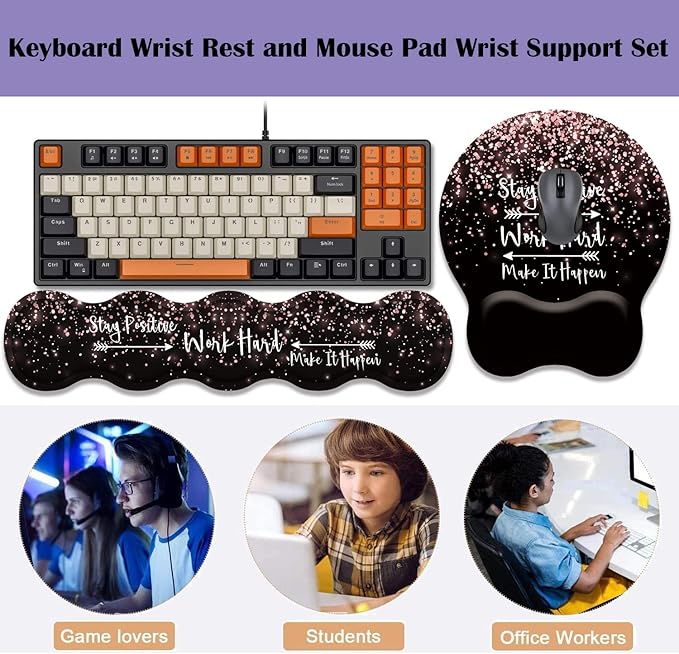 Keyboard Wrist Rest Pad and Ergonomic Mouse Pad Wrist Rest (with Coaster) Set Non-Slip Base &amp with Memory Foam for Easy Typing and Wrist Pain Relief - Stay Positive Work Hard and Make It Happen