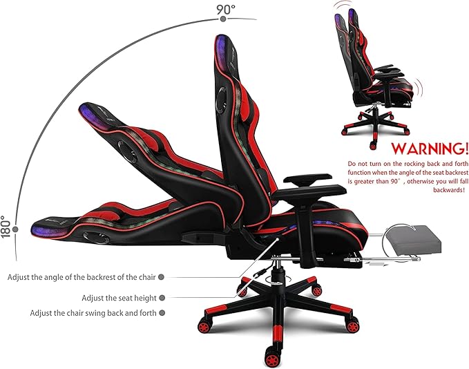 Gaming Chair with Full Massage Function High Back Racing Rocking Chair Gaming Chair with Speakers and RGB Lights Ergonomic Gaming Chair with Footrest. Adult Teen Computer Chair.Red