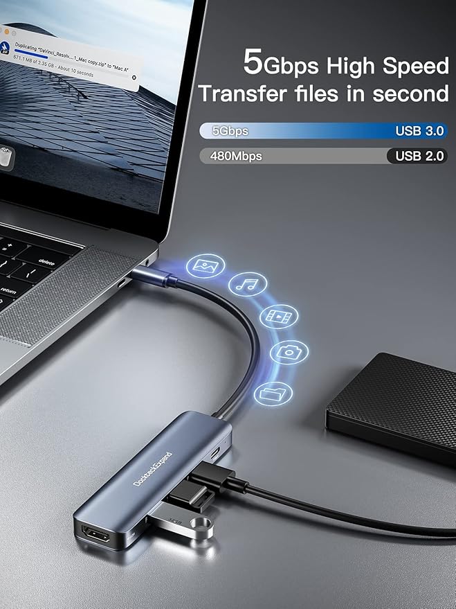 USB C HUB DockteckExpand USB-C Multiport Adapter 5 in 1 with 4K HDMI 100W Power Delivery 3 USB 3.0 Data Ports for MacBook Pro/Air iPad Pro/Air/Mini 6 and More