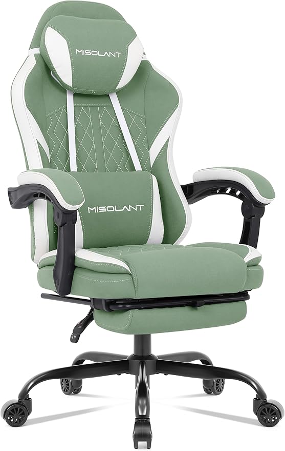 Misolant Gaming Chair Fabric Gamer Chair with footrest for Adults High Back Ergonomic Computer Game Chair with Adjustable Headrest and Massage Lumbar Support 90-155° Recline Free Green