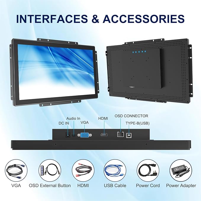 18.5 Inch Multi-Touch Industrial Touch Screen Monitor 1366x768 IP65 Waterproof IK08 Impact-Resistant Display with HD-MI VGA Port Open Frame Touch Monitor 16:9 Black