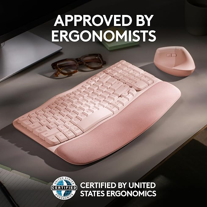 Logitech Wave Keys Wireless Ergonomic Keyboard with Cushioned Palm Rest Comfortable Natural Typing Easy-Switch Bluetooth Logi Bolt Receiver for Multi-OS Windows/Mac - Rose