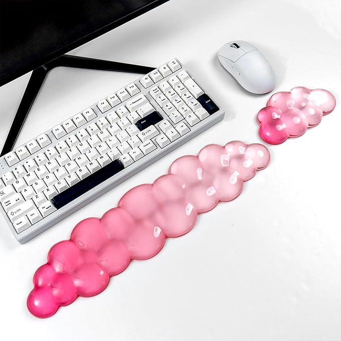 Ergonomic Cloud Silicone Gel Keyboard and Mouse Wrist Rest Set – Clear Wrist Rest for Computer Keyboard 60%/68%/75% Comfort &amp Support for Typing and Gaming (White Pink)