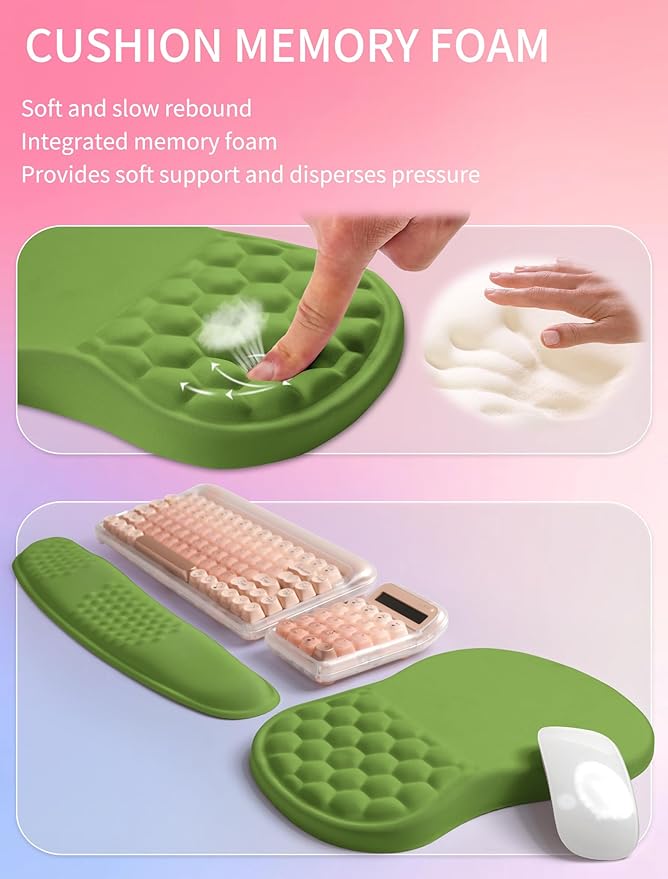 Hokafenle 2in1 Combination Wave Keyboard Wrist Rest and Ergonomic Curvature Mouse Pad Wrist Support for Relieve Wrist Pain Filled with Soft Cushion Memory Foam Dill Green