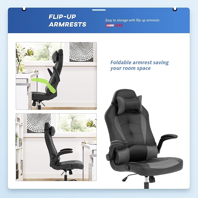 Gaming Chairs for Adults PU Leather Swivel Rolling Adjustable Game Chair with Lumbar Support Flip Up Arms Headrest for Adults Women Men Video Game Chairs Ergonomic Gaming Chair
