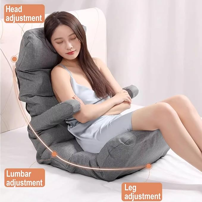 Gaming Chair Floor Cheap Iron Frame Support and Linen Fabric Fold Out Chair Bed Can Bear About 100KG Multiple Parts Can Be Adjusted with Armrests and Pillow(Gray)