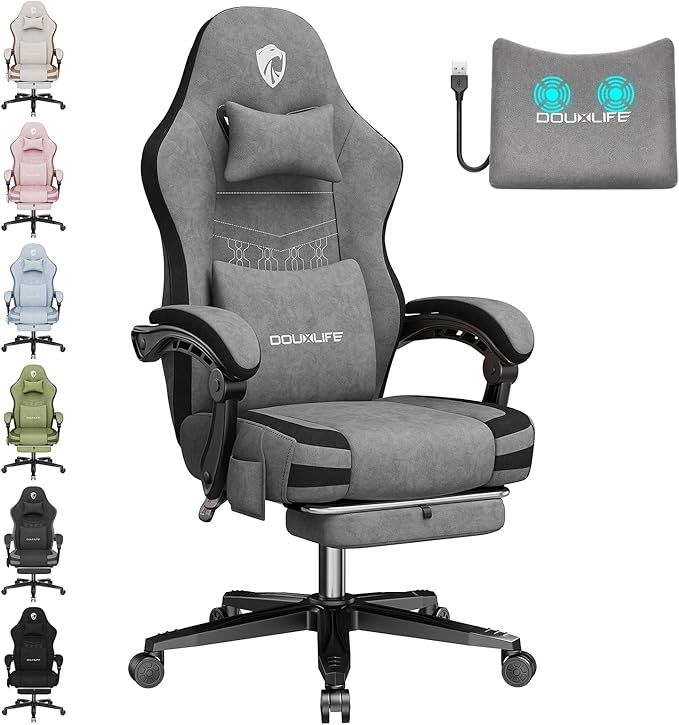 Gaming Chair Fabric Computer Office Chair with Massage Ergonomic Chair with Footrest Lumbar Support Pocket Spring Widened Cushion Metal Legs 350LBS Light Gray