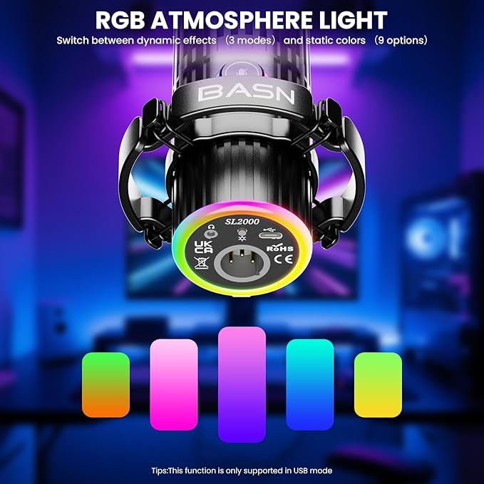 BASN USB/XLR Dynamic Microphone Live Streaming Gaming Recording with Three-in-One Mute ButtonRGB Lighting and MIC Stand for PC (Black) SL2000