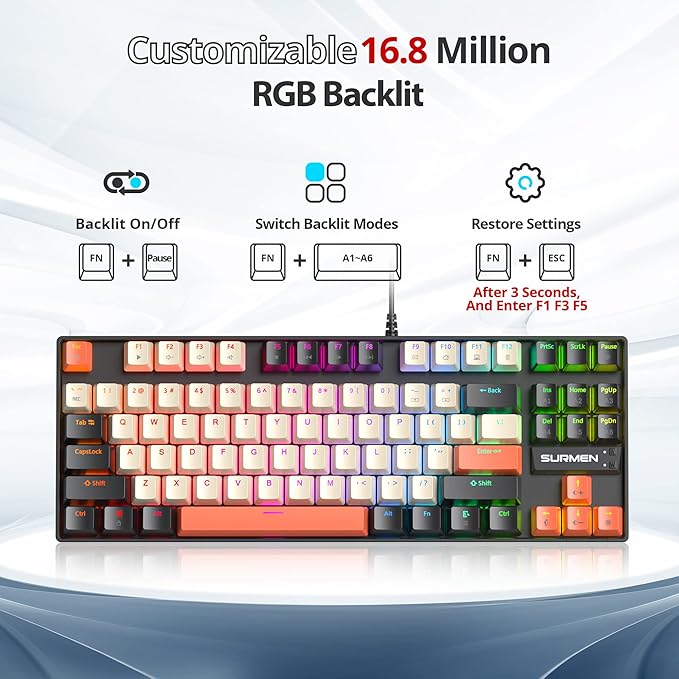 Fogruaden RGB Wired 75% Percent Mechanical Keyboard with Red Switch TKL Mechanical Keyboard 75 Percent 87 Keys NKRO Compact Gaming Keyboard 75% for Win/Mac Laptop PC Gamer (Carbon/87)