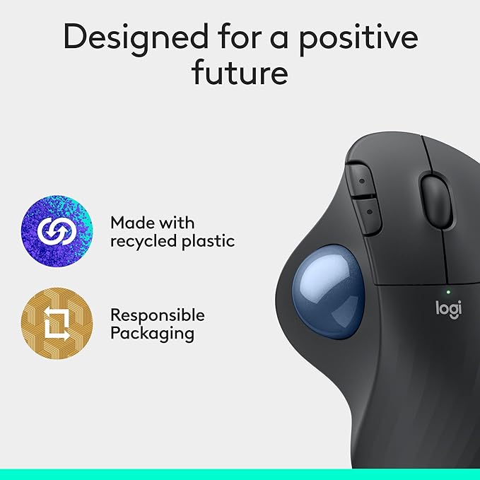 Logitech Ergo M575S Wireless Trackball Mouse Wireless Ergonomic Mouse with Bluetooth and Encrypted Dongle Comfortable Thumb Control Precise and Smooth Tracking for PC/Mac - Graphite Blue Ball