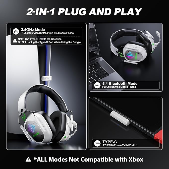 Wireless Gaming Headset for PC PS5 PS4 Switch Mac Mobile Phone USB&ampType-C 2.4GHz Gaming Headphones with ENC Noise Cancelling Mic 50mm Drivers 3D Surround Sound Cool RGB Light 50H GameTim