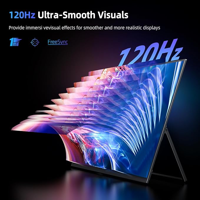 Portable Monitor 18.5” | 120HZ 1ms Gaming Monitor | 125% sRGB | FreeSync HDR | 350Nits | USB-C &amp HDMI | VESA &amp Stand | Large Travel External Second Screen for Laptop Computer Game Consoles