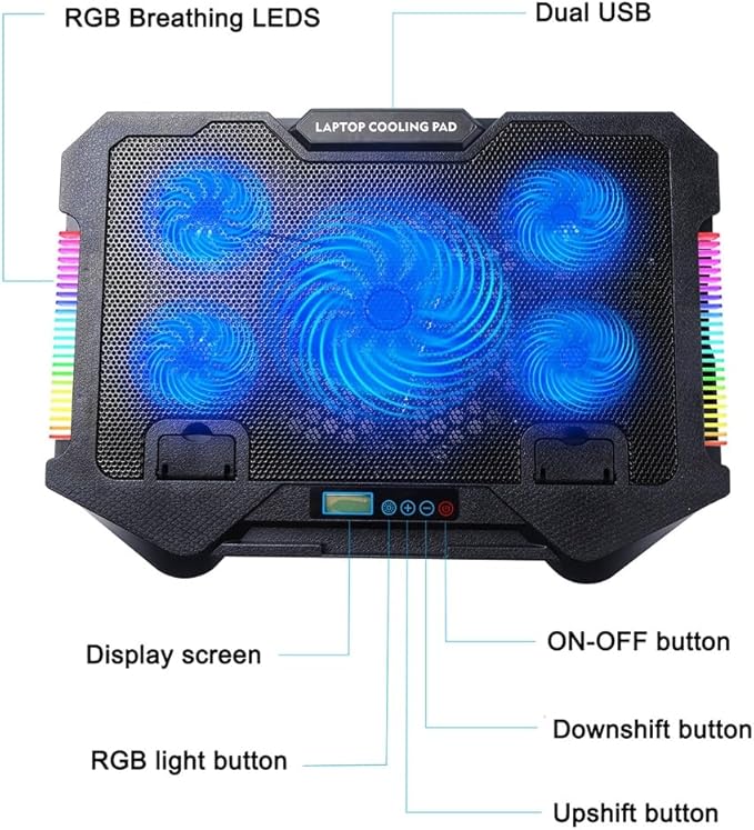 Laptop Cooling Pad Laptop Coolers for Notebook Gaming Fan Stable Stand Adjustable with 2 USB Port and Phone Holder