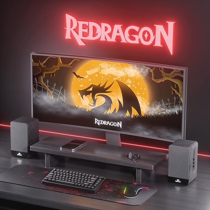 Redragon GS813 Wireless Desktop Speakers 2.0 Bookshelf Speaker w/20W Output BT 5.0/3.5mm AUX Enhanced Bass/Treble Knob and TF Card/USB Flash Drive Supported