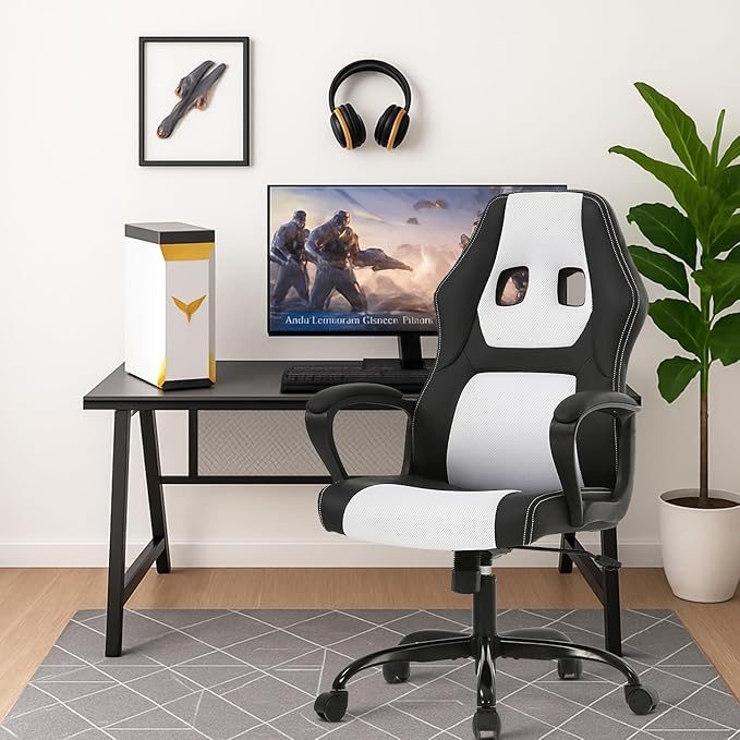 Gaming Chair PU Leather Chairs Ergonomic Office Chair Executive Computer Chairs High Back Computer Task with Lumbar Support Adjustable Height White