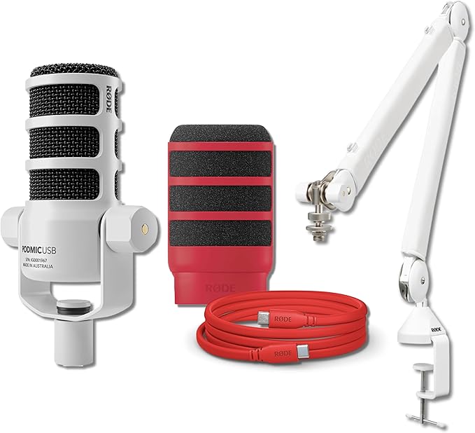 Rode PodMic USB White with Rode PSA1+ White Bundles (Red Bundle)