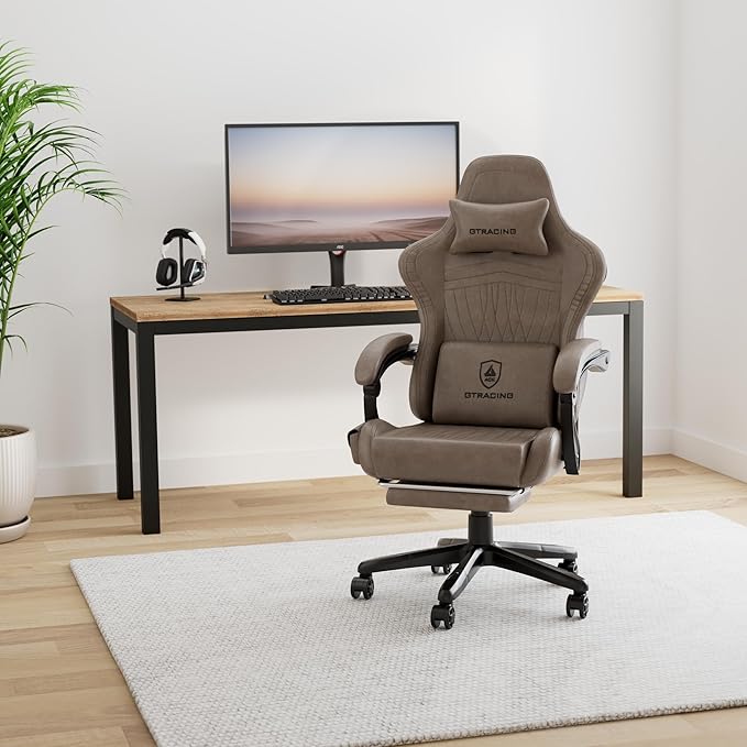 GTPLAYER Gaming Chair with Speakers Video Game Chairs with Footrest PC Gamer Chairs for Adults - Padded High Back Ergonomic Reclining Silla Gamer Linkage Armrest Ace Pro Light Brown