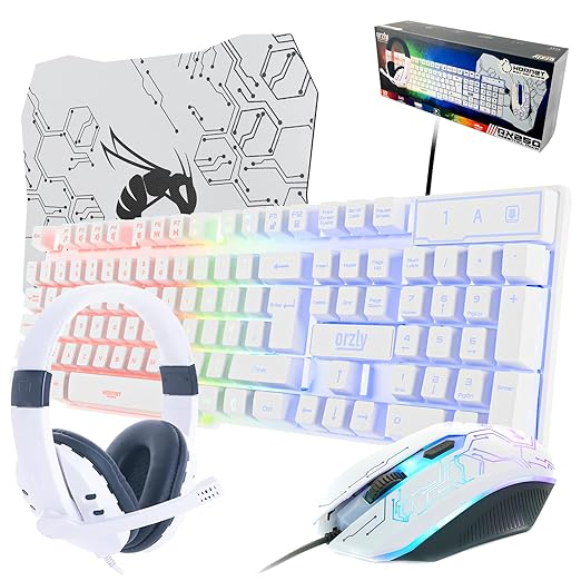 Gaming Keyboard and Mouse and Gaming Headset &amp Mouse Pad Wired LED RGB Backlight Bundle for PC Gamers Users - 4 in 1 White Edition Hornet RX-250
